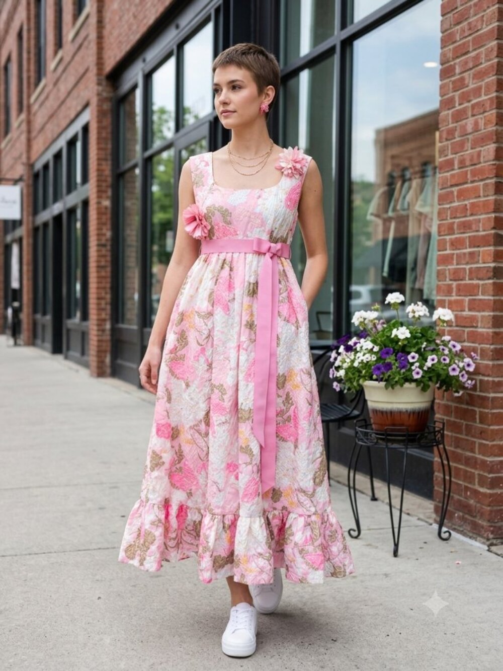 Vtg 60s 70s House of Bianchi Montaldo’s Floral Empire Waist Maxi Dress Ruffle He